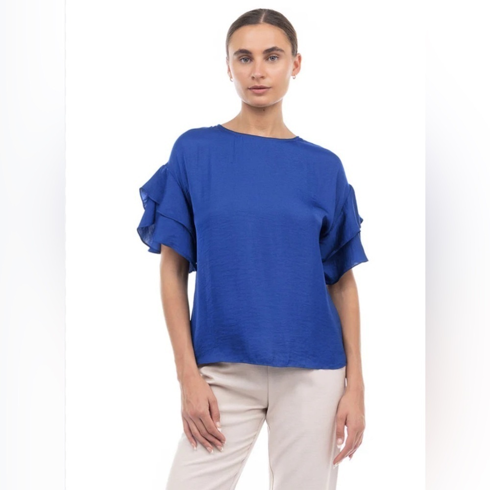 Naked Zebra Women Sky Blue Polyester Round Neck Short Sleeve Top Blouse Small